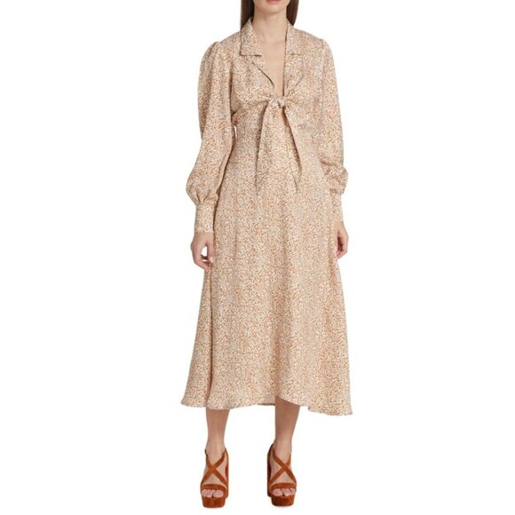 Like New Elie Tahari Beige and Cream Floral Printed Tie Front A Line Midi Dress - Picture 2 of 14